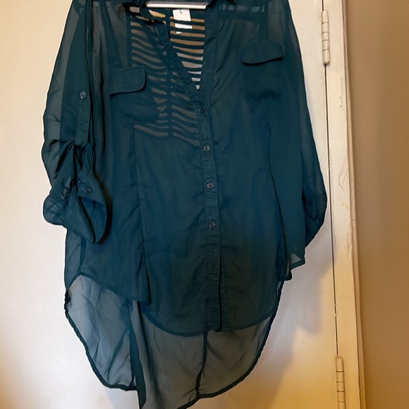 Jasmine. Semi-sheer Emerald Green Hi-Lo Blouse, see Back - Picture 2 of 6